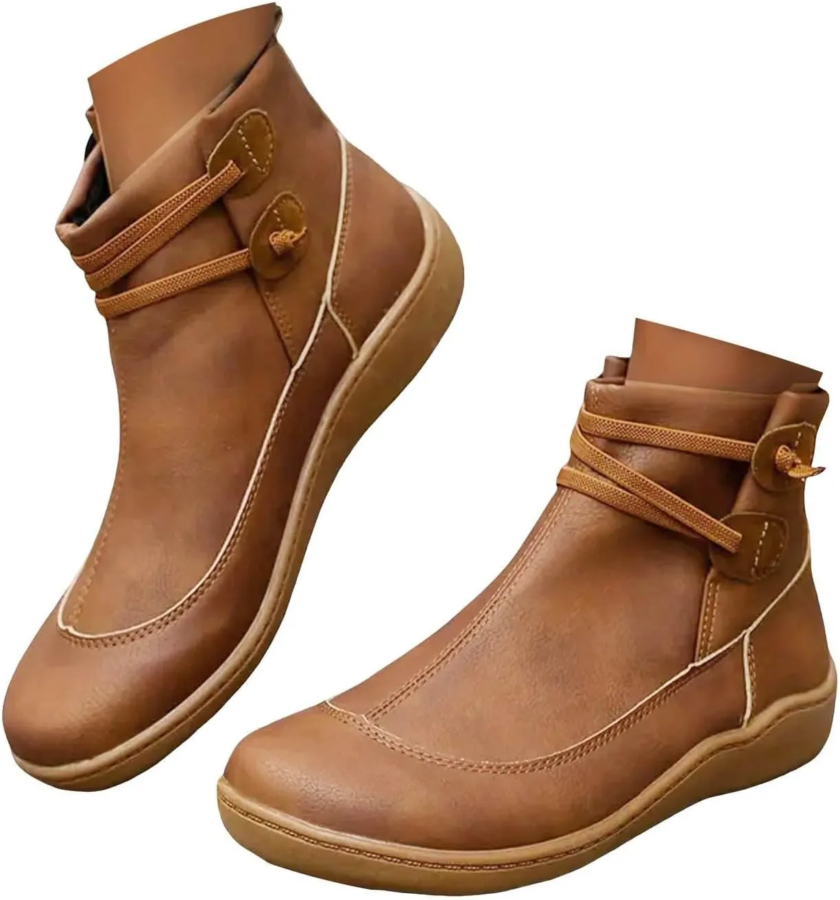 Cathalem Women's Ankle Boots No Heel Fall Cutout Booties Ankle Heels Low Stacked Ruffle Slip On Dress Short Boots Shoes