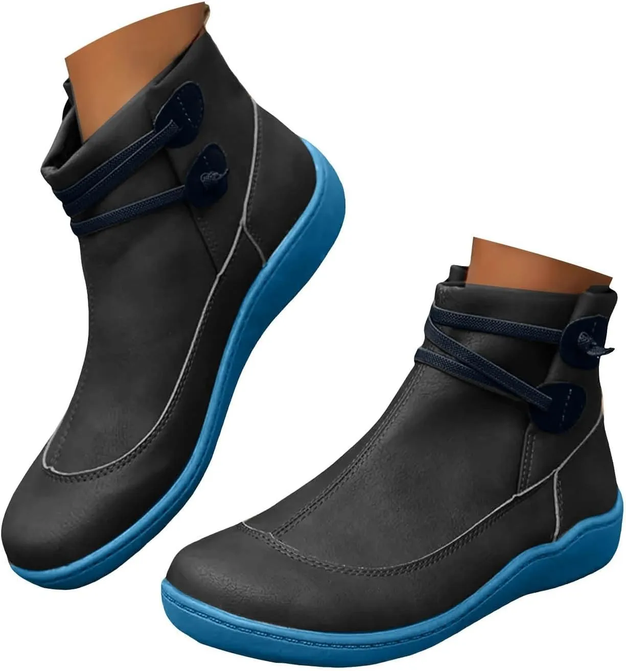 Cathalem Women's Ankle Boots No Heel Fall Cutout Booties Ankle Heels Low Stacked Ruffle Slip On Dress Short Boots Shoes
