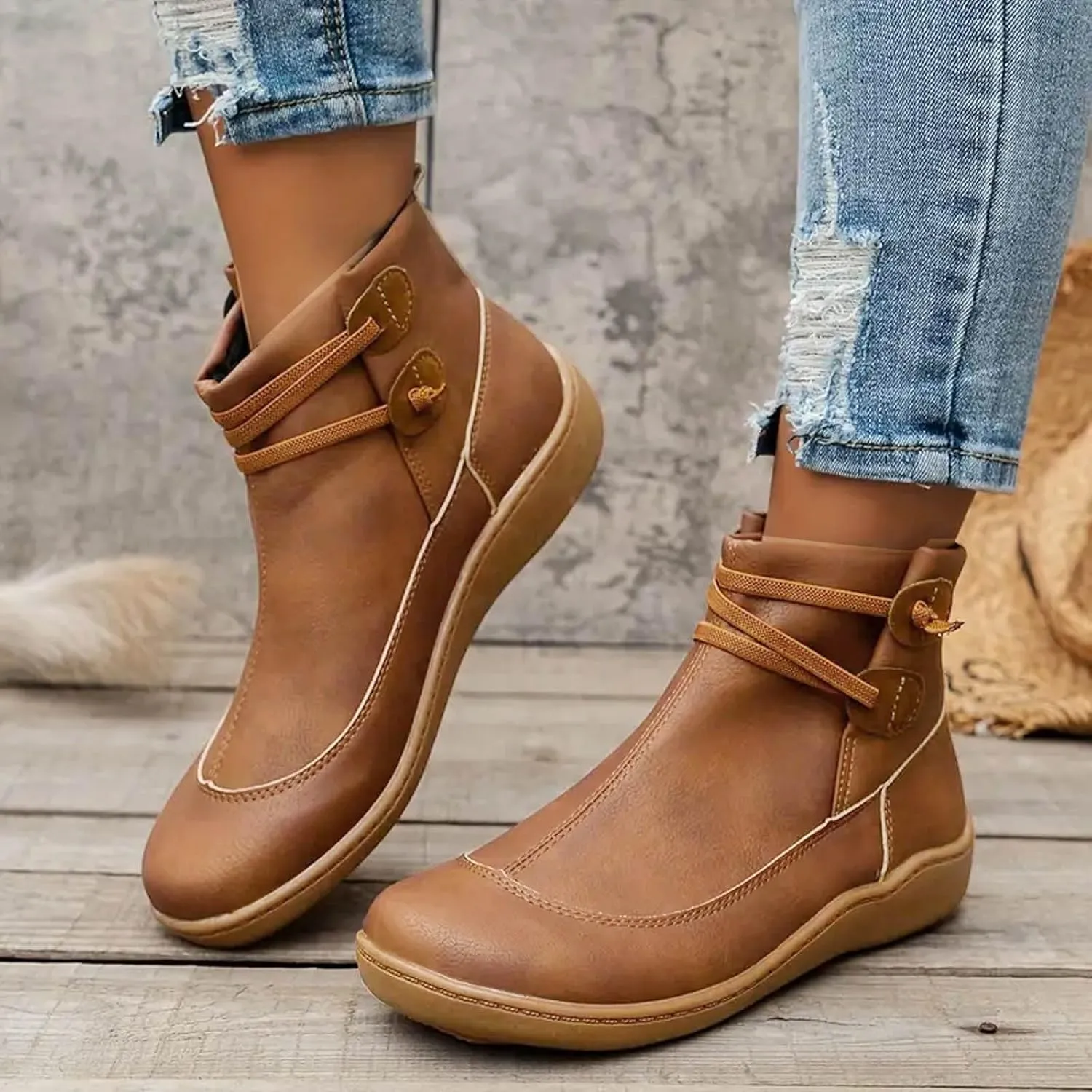 Cathalem Women's Ankle Boots No Heel Fall Cutout Booties Ankle Heels Low Stacked Ruffle Slip On Dress Short Boots Shoes