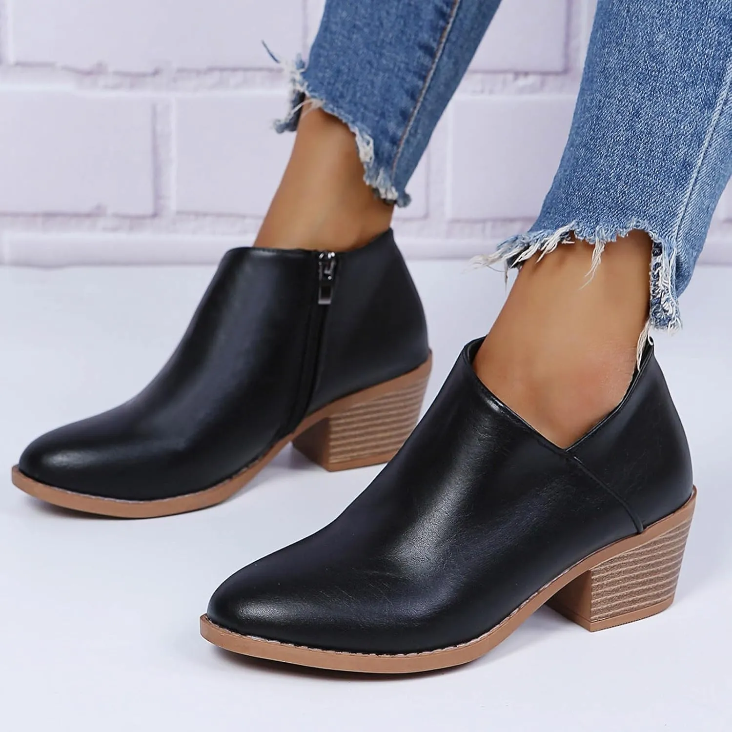Cathalem Womens Ankle Boots Womens Boots Low Heel Pointed Toe Ankle Booties Side Zipper Shoes Chunky Heels Short Booties