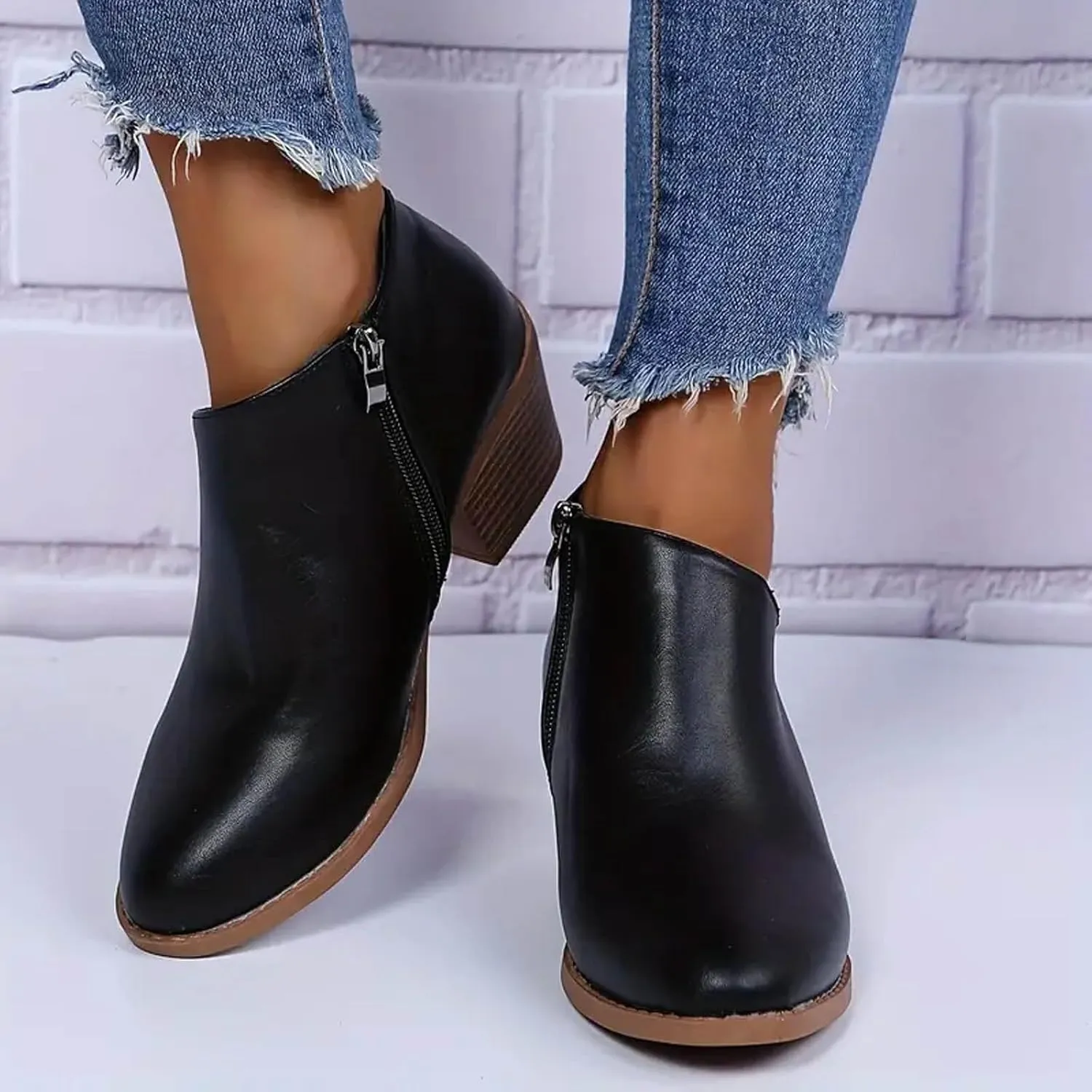Cathalem Womens Ankle Boots Womens Boots Low Heel Pointed Toe Ankle Booties Side Zipper Shoes Chunky Heels Short Booties