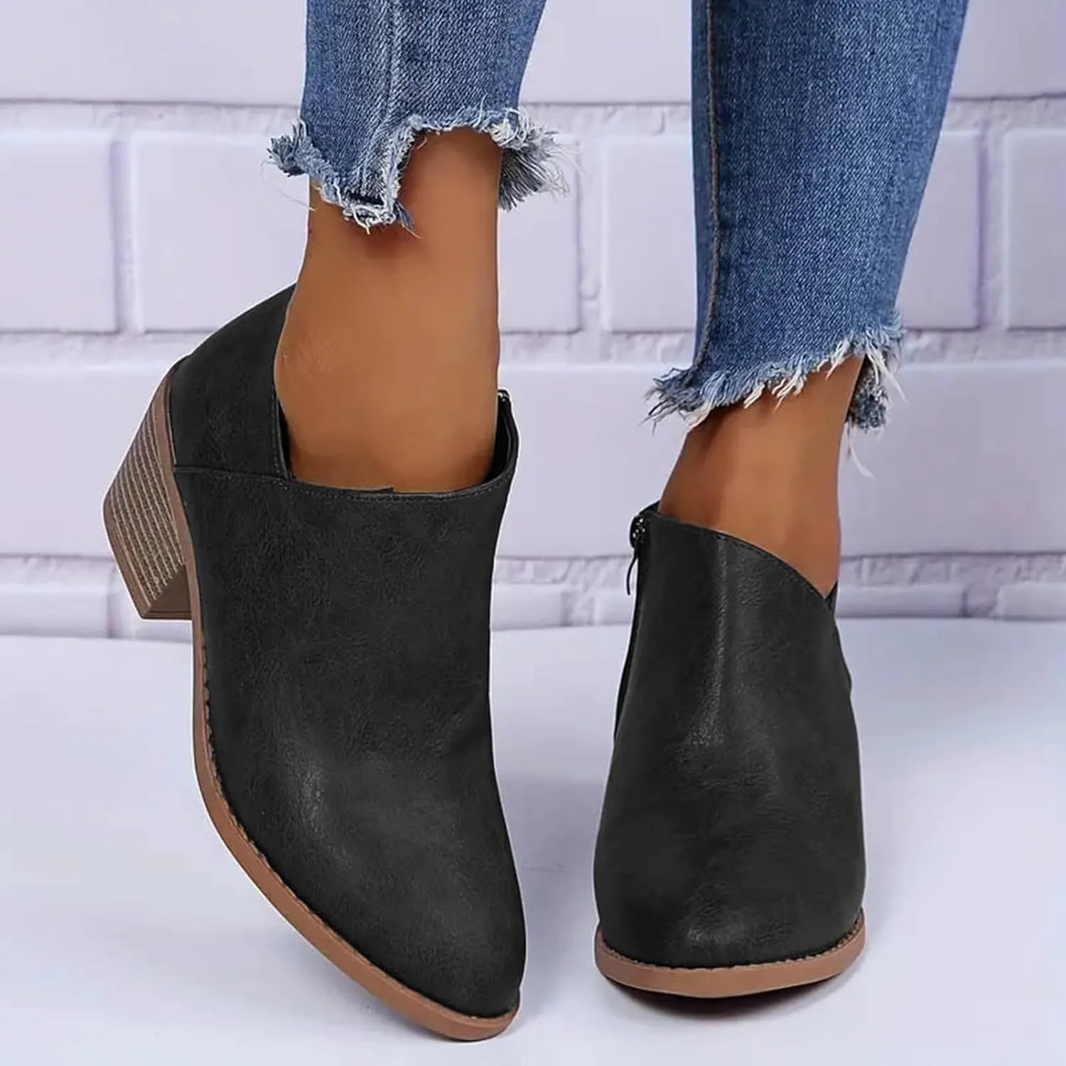 Cathalem Womens Ankle Boots Womens Boots Low Heel Pointed Toe Ankle Booties Side Zipper Shoes Chunky Heels Short Booties