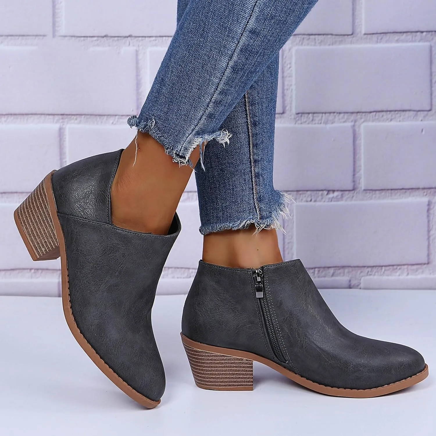 Cathalem Womens Ankle Boots Womens Boots Low Heel Pointed Toe Ankle Booties Side Zipper Shoes Chunky Heels Short Booties