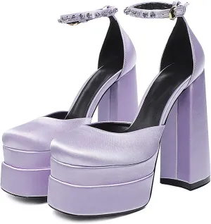 Chunky Block Heels for Women Square Toe Ankle Strap Buckle Rhinestones Wedge Silk Satin High Platform Heels Dress Pumps Shoes,Purple,35 EU/5.5 US