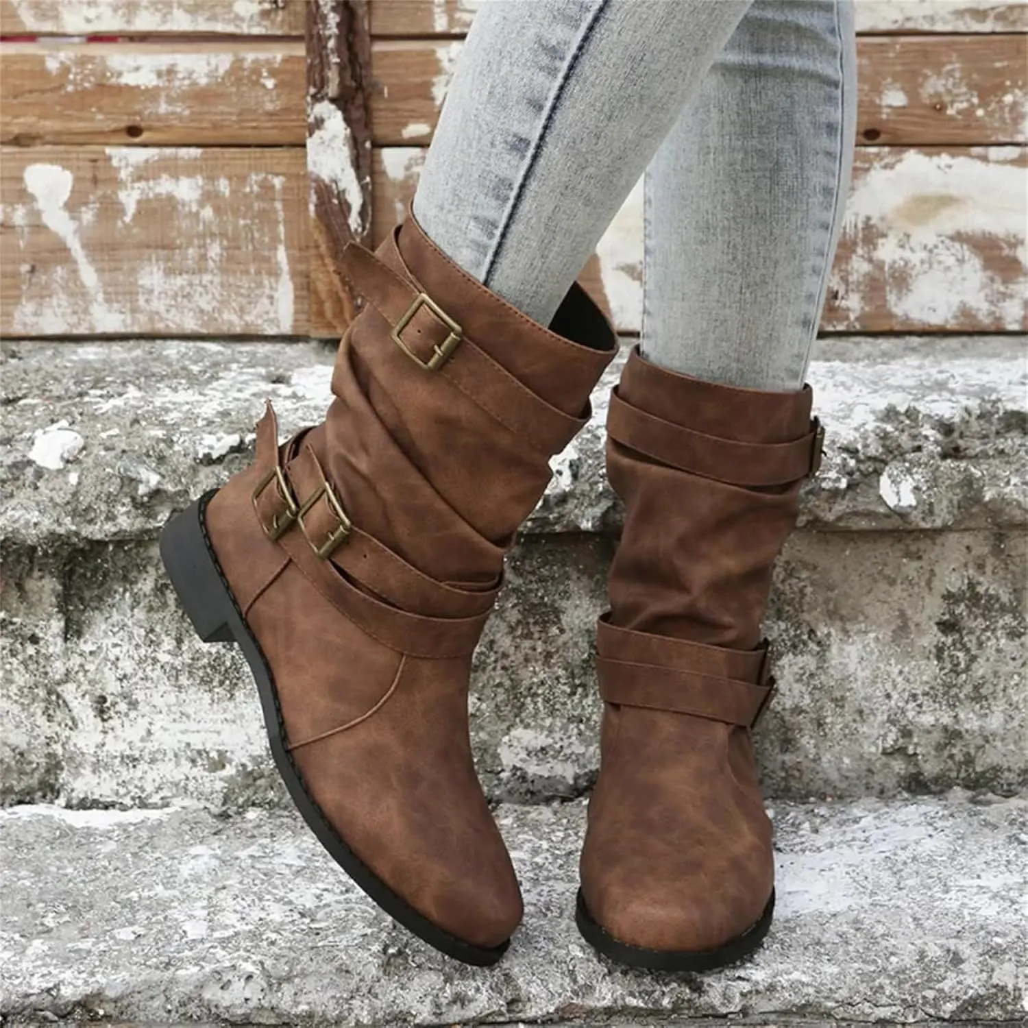 Cowgirl Boots Women Short Heel Combat booties Mid-Calf boots Ankle Military Shoes Motorcycle Riding Biker Dress booties