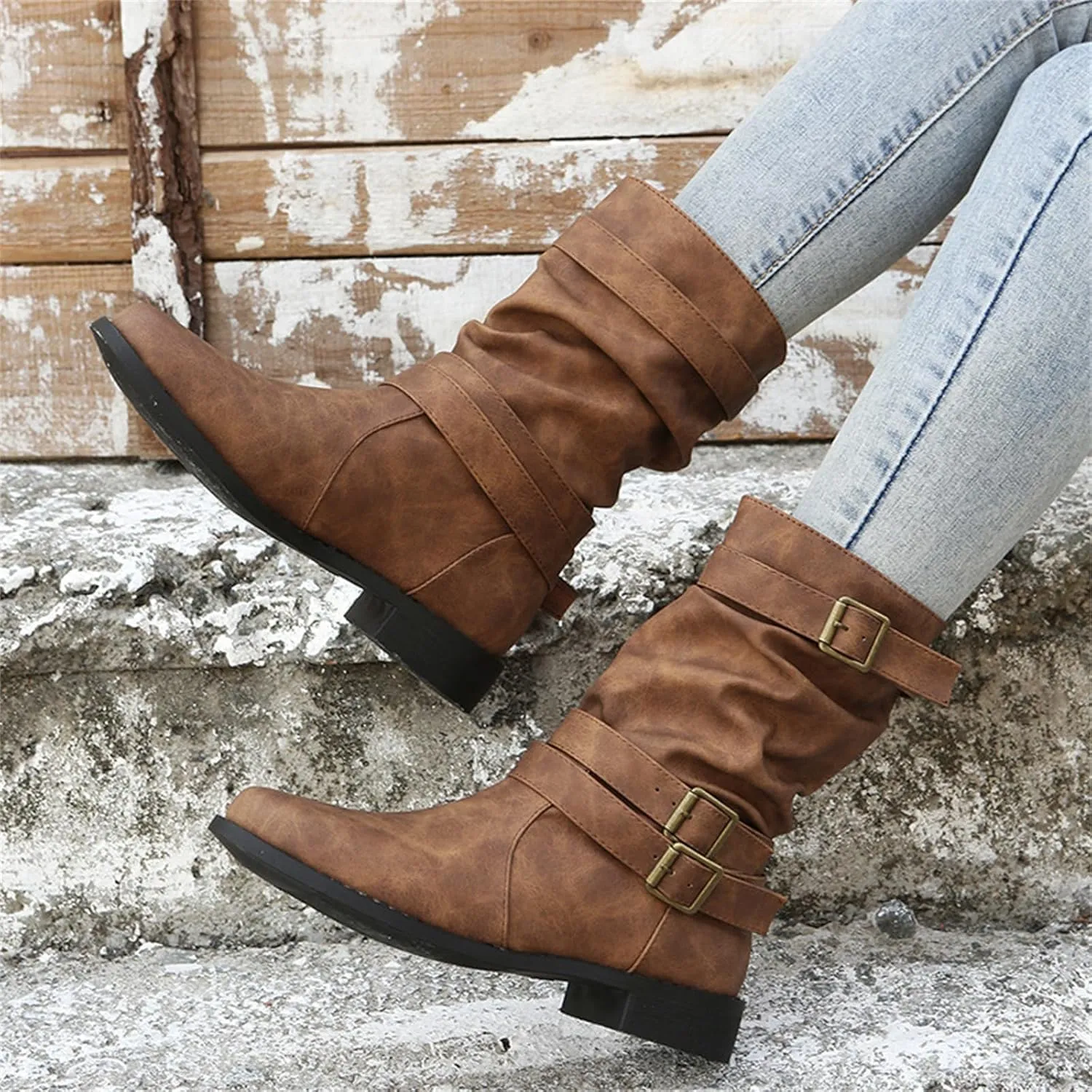 Cowgirl Boots Women Short Heel Combat booties Mid-Calf boots Ankle Military Shoes Motorcycle Riding Biker Dress booties