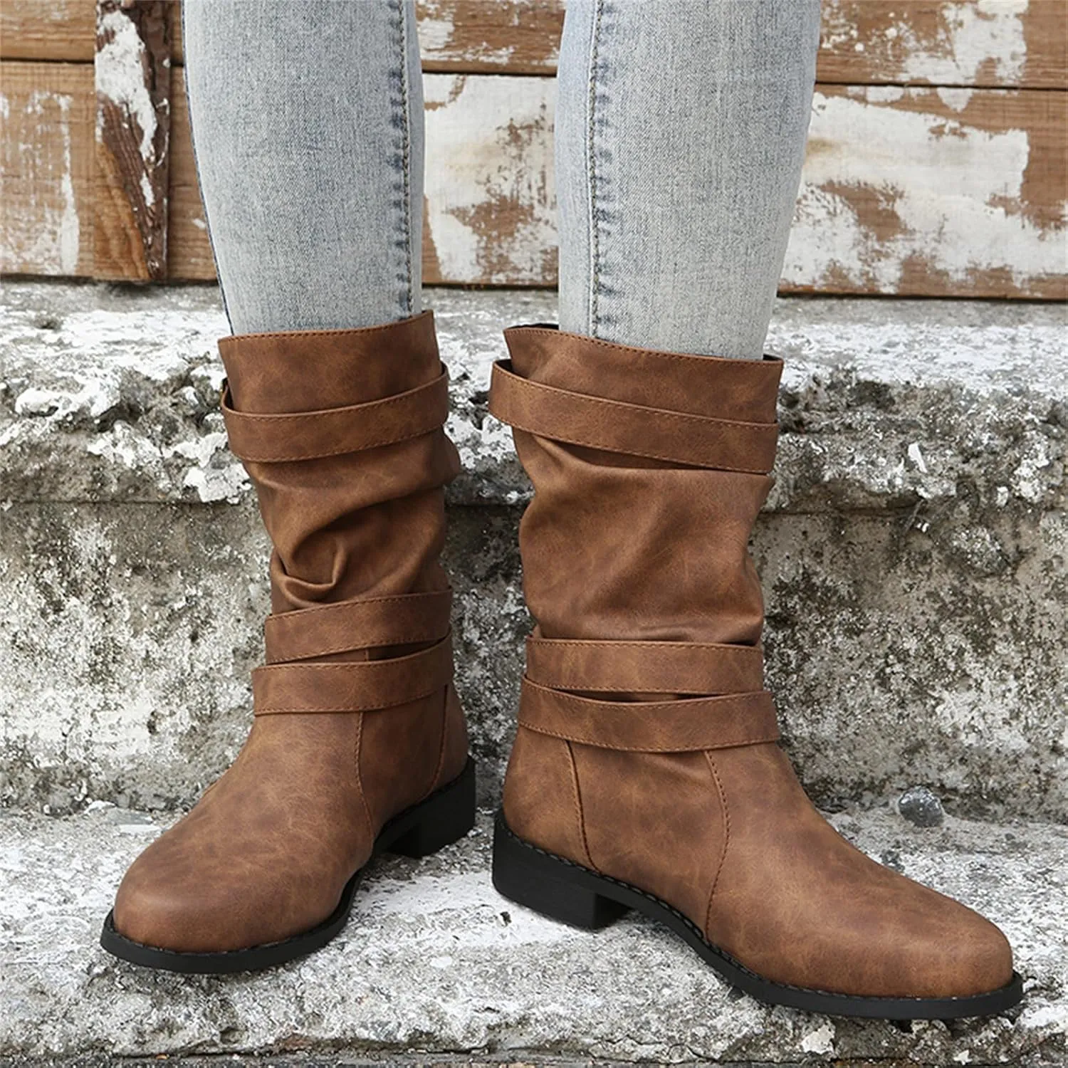 Cowgirl Boots Women Short Heel Combat booties Mid-Calf boots Ankle Military Shoes Motorcycle Riding Biker Dress booties