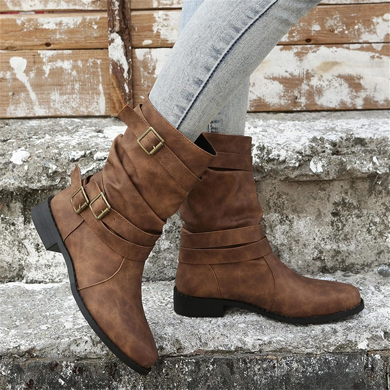 Cowgirl Boots Women Short Heel Combat booties Mid-Calf boots Ankle Military Shoes Motorcycle Riding Biker Dress booties