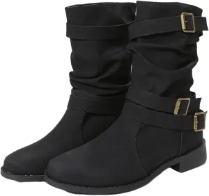 Cowgirl Boots Women Short Heel Mid Calf Riding Winter boots Side Zipper Motorcycle Combat Military Biker Ankle booties