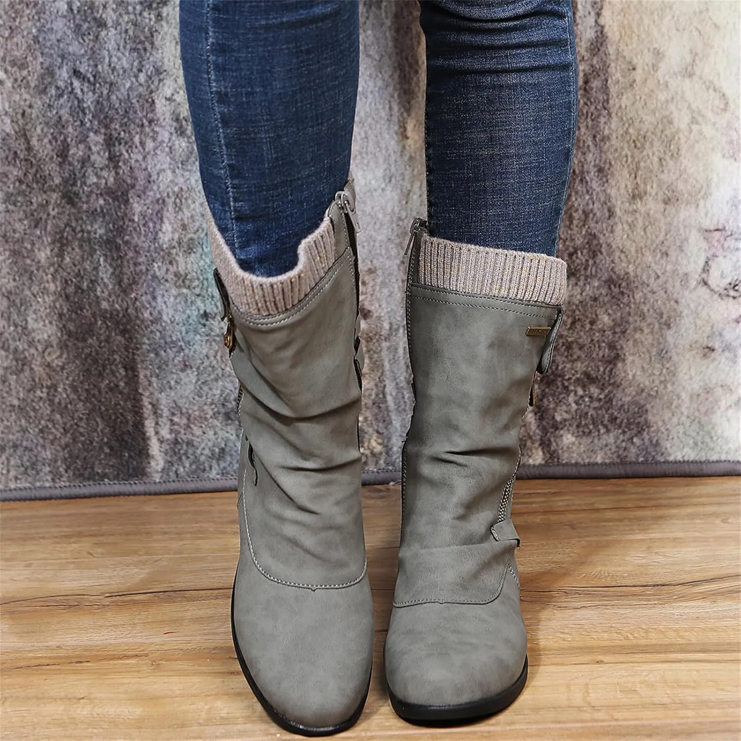 Cowgirl Boots Women Wide Calf Zipper Biker boots Mid Calf Motorcycle Fashion Combat Riding Military Ankle booties 2024