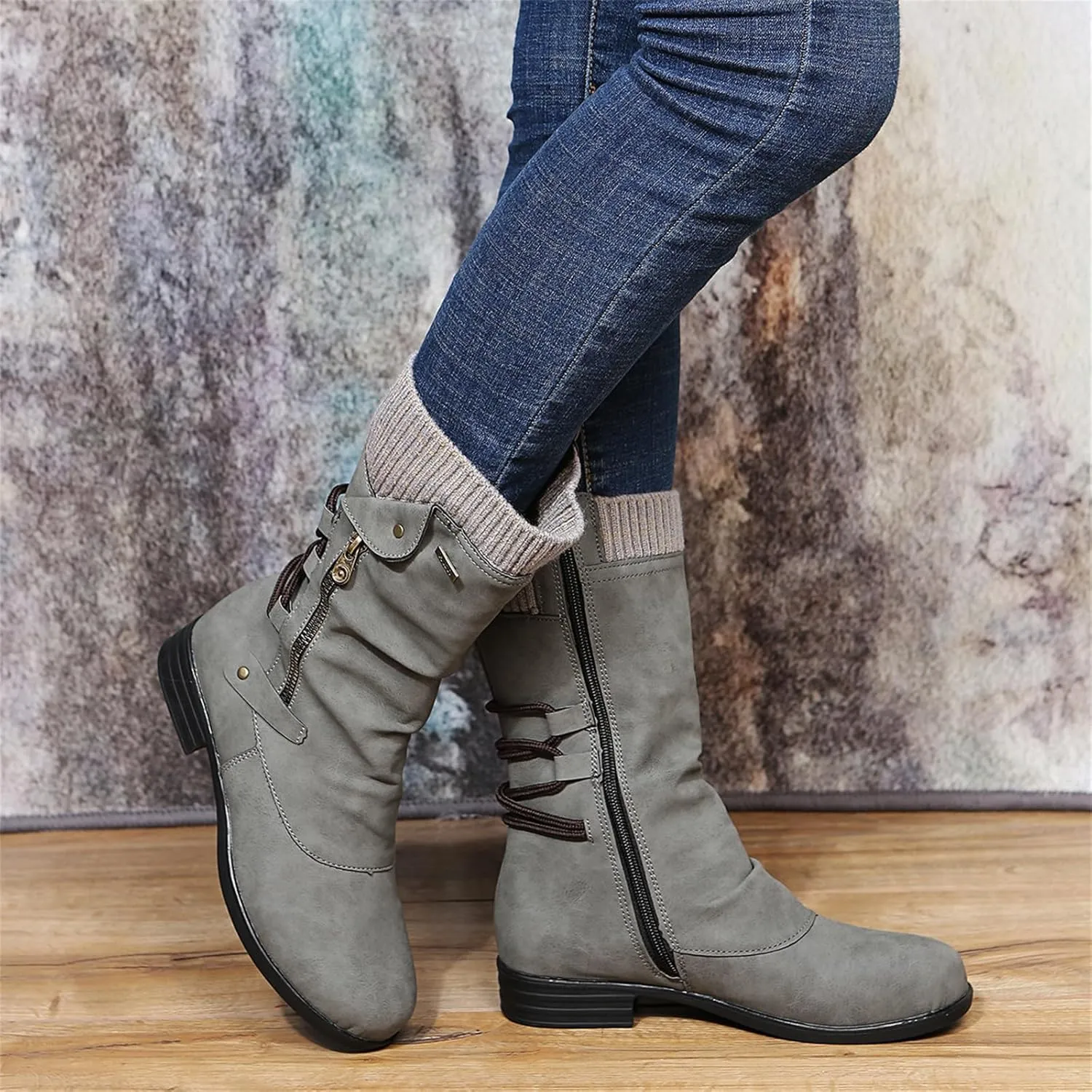 Cowgirl Boots Women Wide Calf Zipper Biker boots Mid Calf Motorcycle Fashion Combat Riding Military Ankle booties 2024