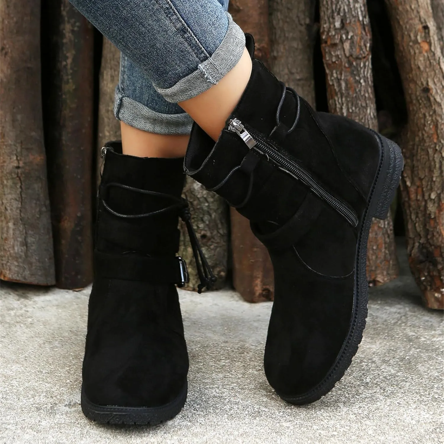 Cowgirl Boots Women Wide Calf Zipper Mid Calf Combat Riding Fashion Winter boots Low Heel Motorcycle Biker Ankle booties