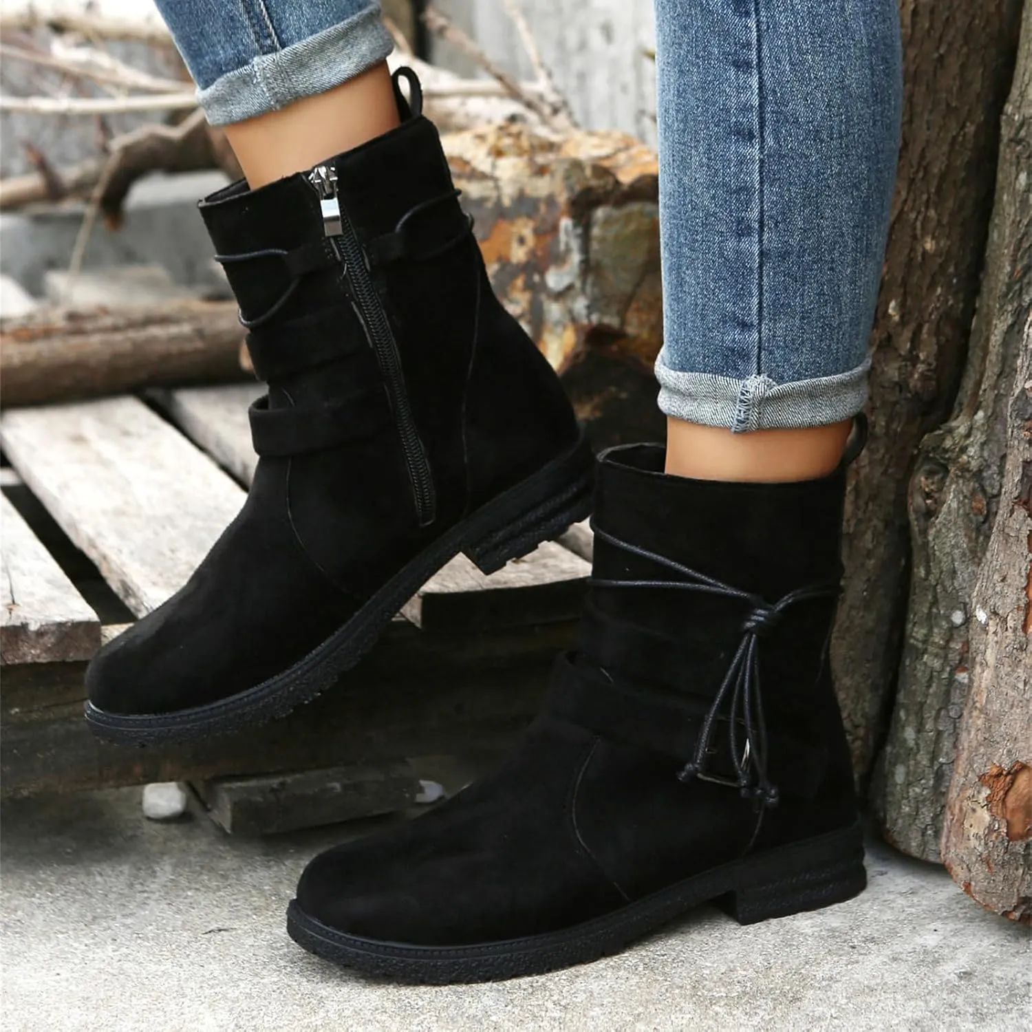 Cowgirl Boots Women Wide Calf Zipper Mid Calf Combat Riding Fashion Winter boots Low Heel Motorcycle Biker Ankle booties