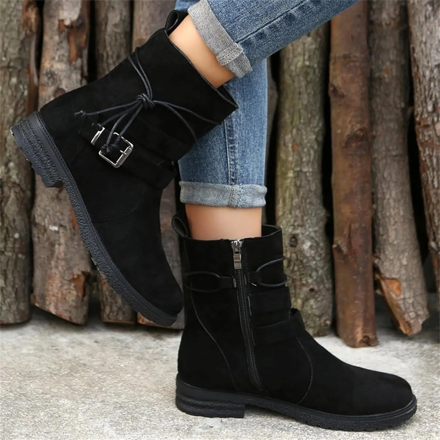 Cowgirl Boots Women Wide Calf Zipper Mid Calf Combat Riding Fashion Winter boots Low Heel Motorcycle Biker Ankle booties