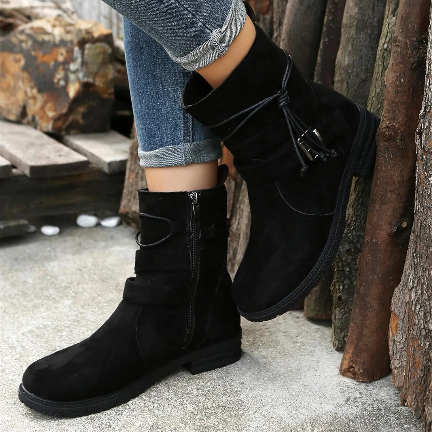 Cowgirl Boots Women Wide Calf Zipper Mid Calf Combat Riding Fashion Winter boots Low Heel Motorcycle Biker Ankle booties