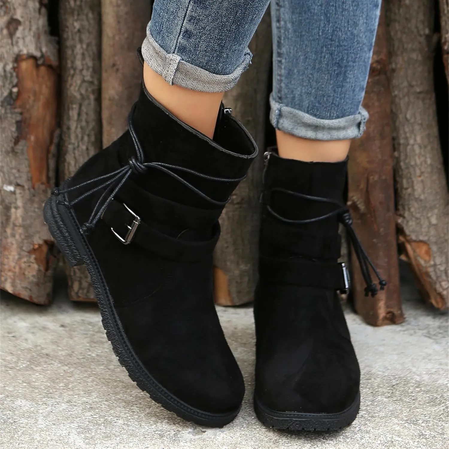 Cowgirl Boots Women Wide Calf Zipper Mid Calf Combat Riding Fashion Winter boots Low Heel Motorcycle Biker Ankle booties
