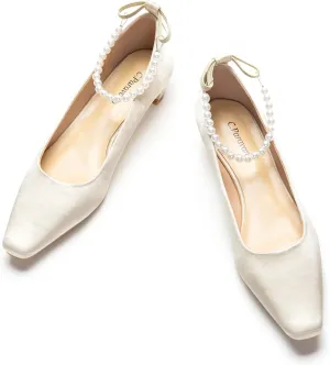 C.Paravano Chunky Low Heel Women's Square Toe Pumps Slip-On Closed Toe Low Heeled Pearl Ankle Strap Pumps Bridal Wedding Shoes