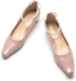 C.Paravano Chunky Low Heel Women's Square Toe Pumps Slip-On Closed Toe Low Heeled Pearl Ankle Strap Pumps Bridal Wedding Shoes