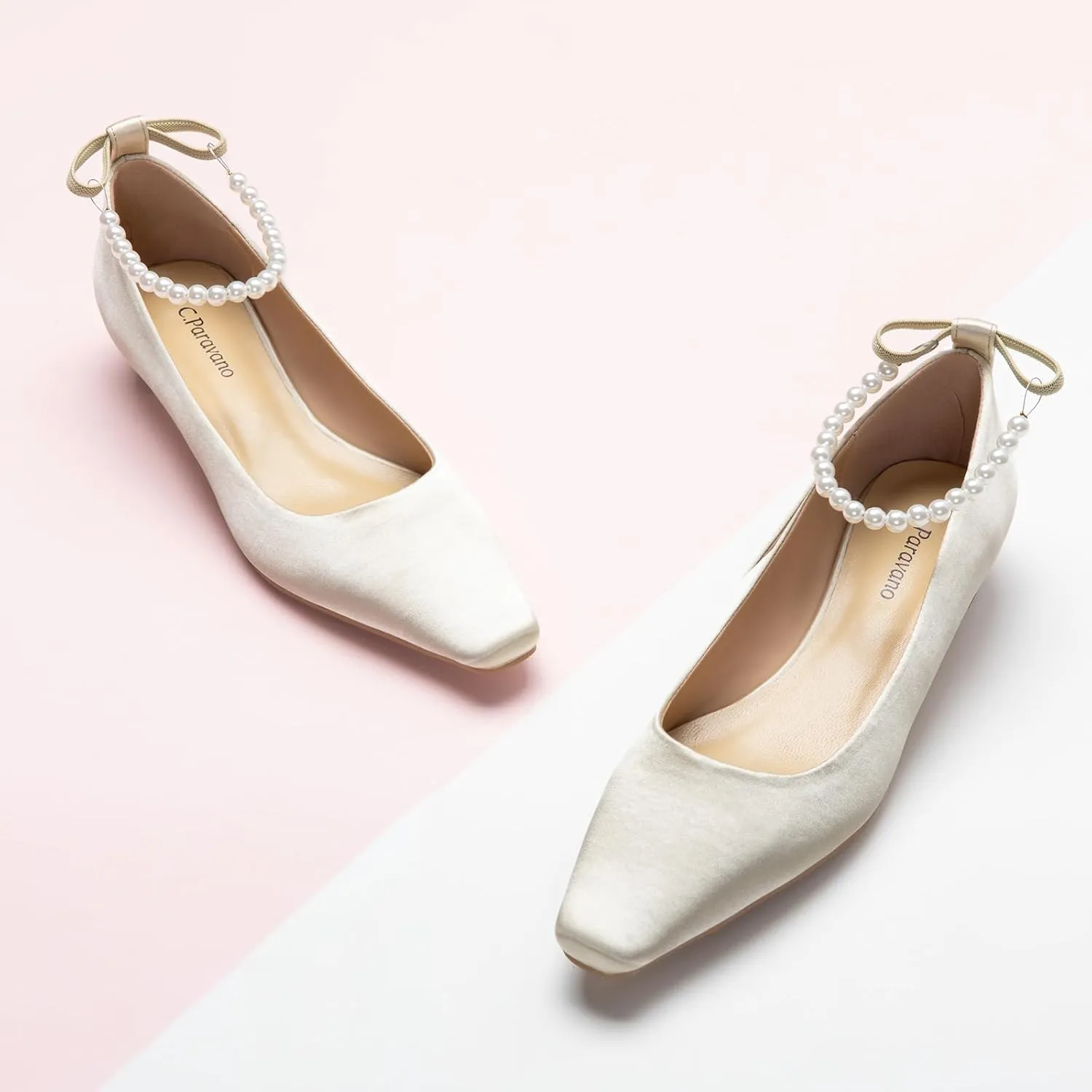 C.Paravano Chunky Low Heel Women's Square Toe Pumps Slip-On Closed Toe Low Heeled Pearl Ankle Strap Pumps Bridal Wedding Shoes