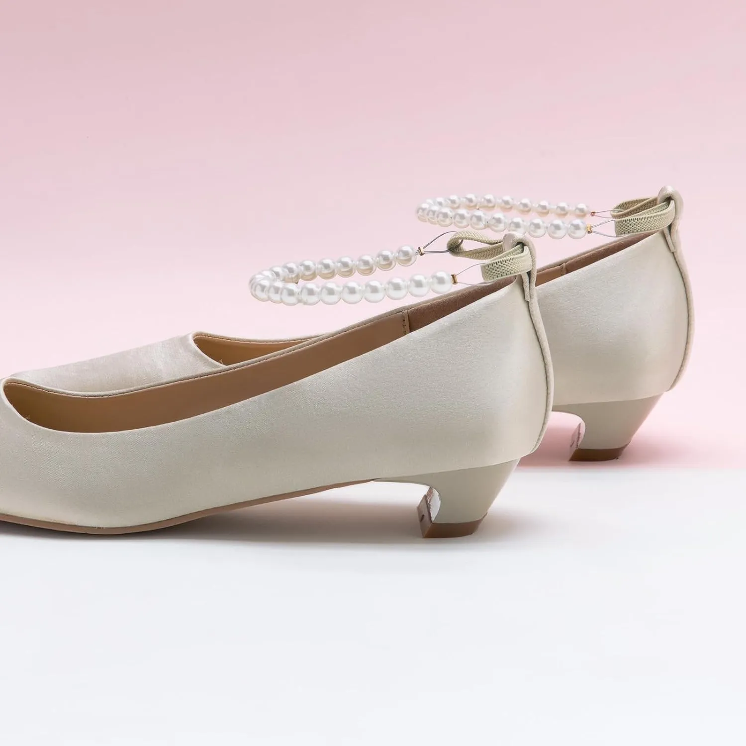 C.Paravano Chunky Low Heel Women's Square Toe Pumps Slip-On Closed Toe Low Heeled Pearl Ankle Strap Pumps Bridal Wedding Shoes