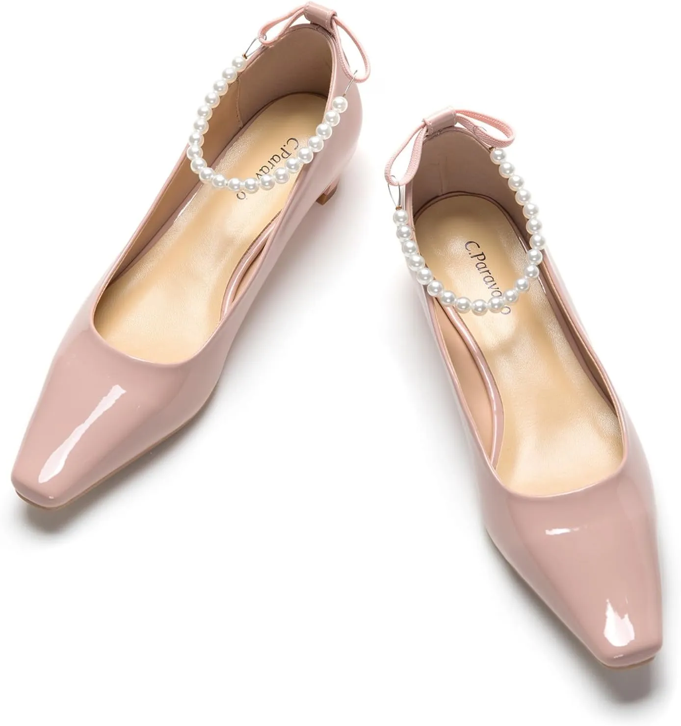 C.Paravano Chunky Low Heel Women's Square Toe Pumps Slip-On Closed Toe Low Heeled Pearl Ankle Strap Pumps Bridal Wedding Shoes