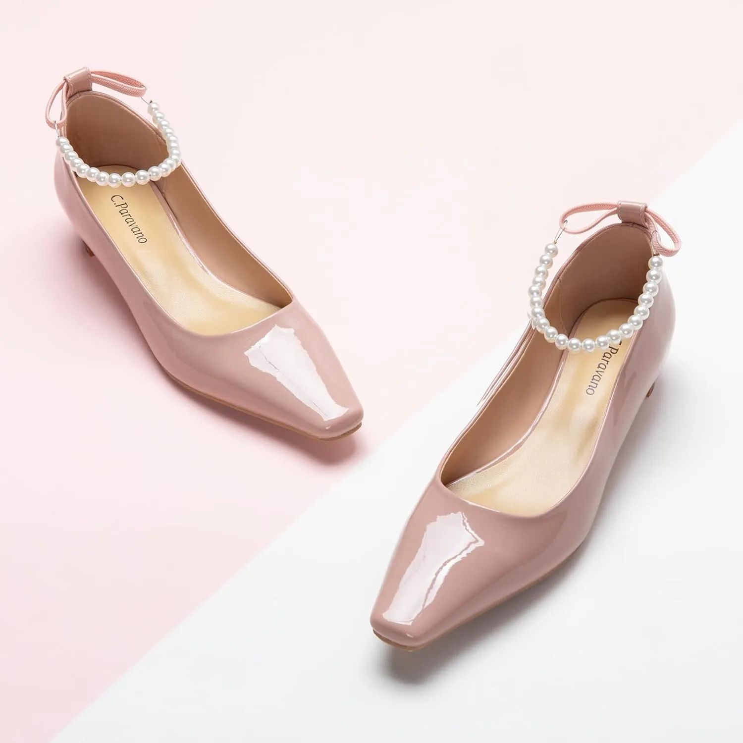 C.Paravano Chunky Low Heel Women's Square Toe Pumps Slip-On Closed Toe Low Heeled Pearl Ankle Strap Pumps Bridal Wedding Shoes
