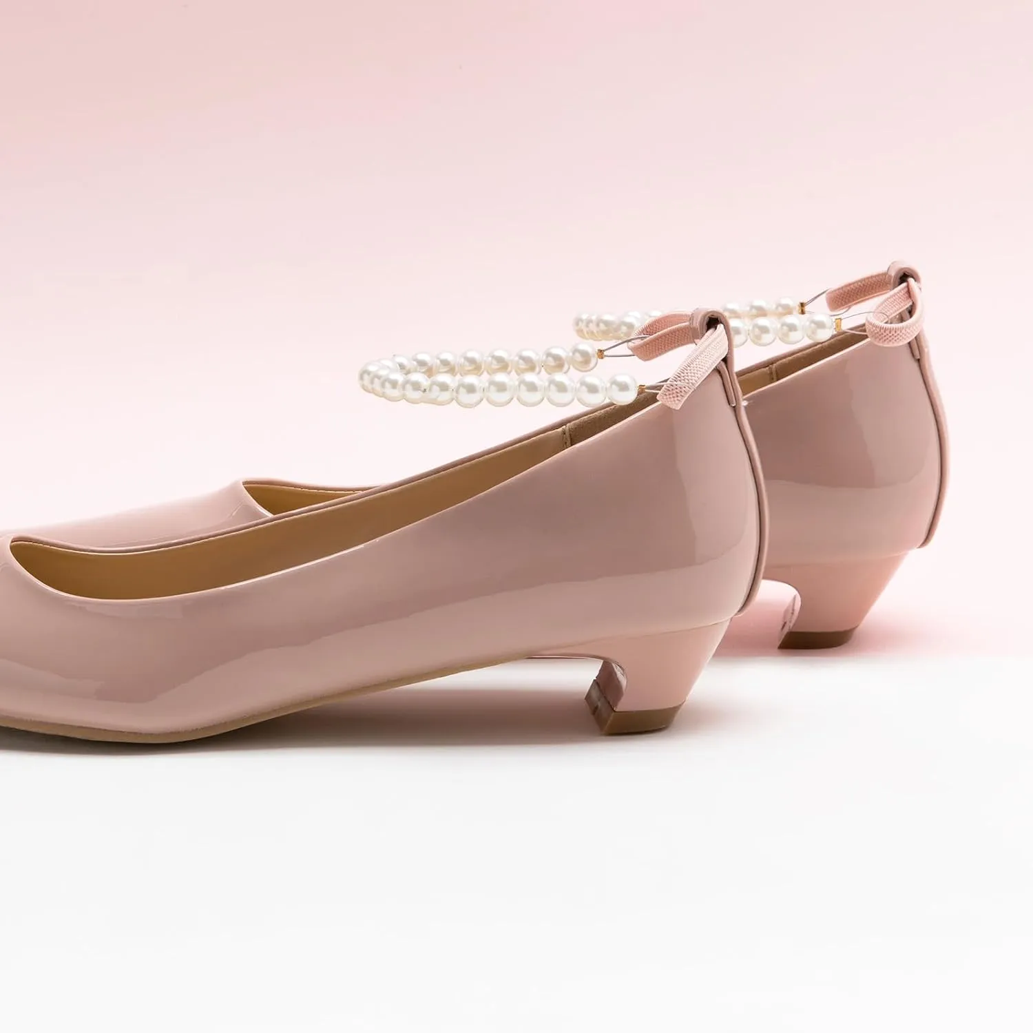 C.Paravano Chunky Low Heel Women's Square Toe Pumps Slip-On Closed Toe Low Heeled Pearl Ankle Strap Pumps Bridal Wedding Shoes