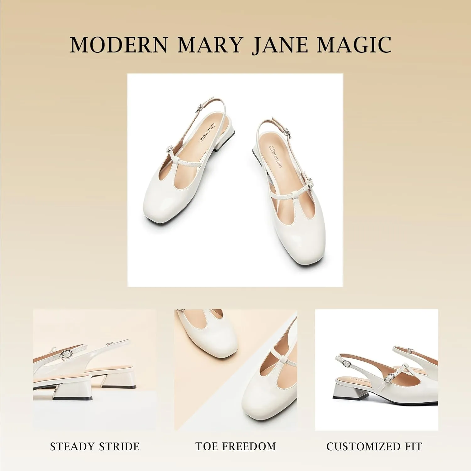 C.Paravano Mary Jane Slingback Pumps Round Toe Low Heels T Strap Slingback Heels Women Sling Back Slip On Party Dress Work Shoes