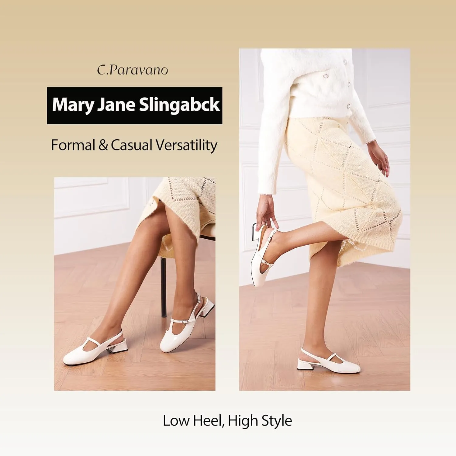 C.Paravano Mary Jane Slingback Pumps Round Toe Low Heels T Strap Slingback Heels Women Sling Back Slip On Party Dress Work Shoes