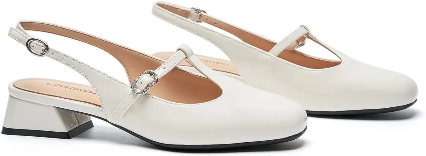 C.Paravano Mary Jane Slingback Pumps Round Toe Low Heels T Strap Slingback Heels Women Sling Back Slip On Party Dress Work Shoes