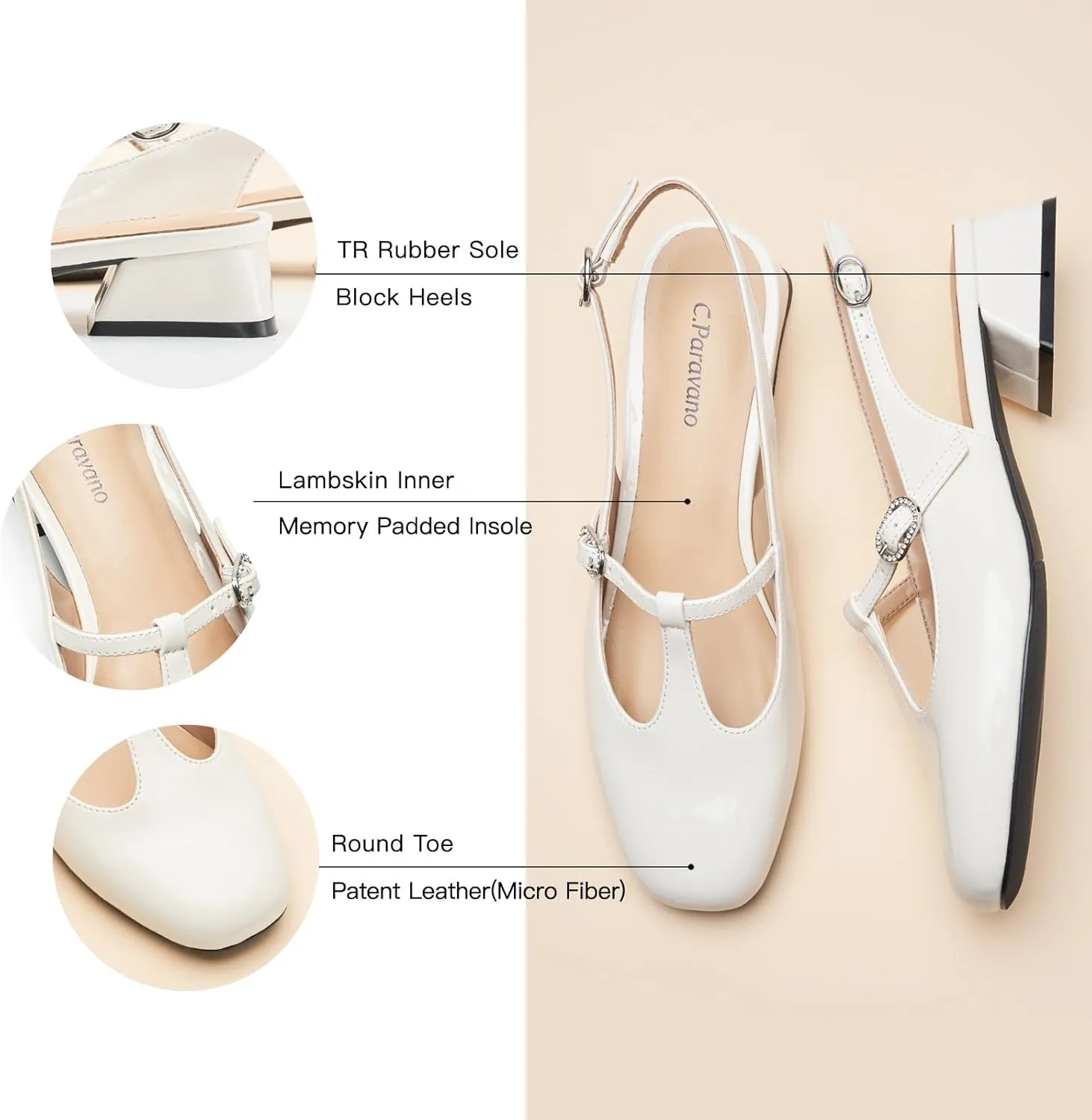 C.Paravano Mary Jane Slingback Pumps Round Toe Low Heels T Strap Slingback Heels Women Sling Back Slip On Party Dress Work Shoes
