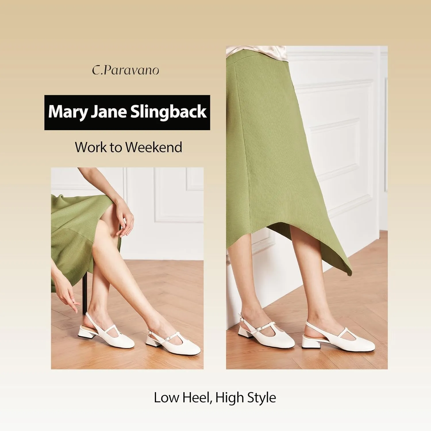 C.Paravano Mary Jane Slingback Pumps Round Toe Low Heels T Strap Slingback Heels Women Sling Back Slip On Party Dress Work Shoes