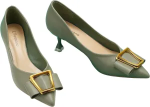 C.Paravano Women's Kitten Heel Pumps-Pointed Toe Wedding Shoes with Metal Buckle|Breathable Soft Leather for Office Attire, Cocktail Parties,Date Nights, Spring/Summer Events(Grey,Size 5.5)
