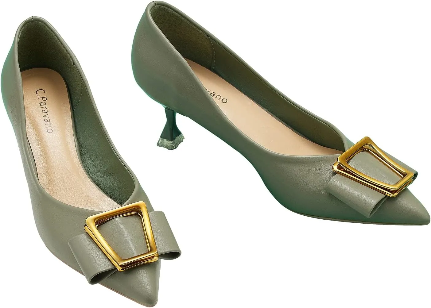 C.Paravano Women's Kitten Heel Pumps-Pointed Toe Wedding Shoes with Metal Buckle|Breathable Soft Leather for Office Attire, Cocktail Parties,Date Nights, Spring/Summer Events(Grey,Size 5.5)