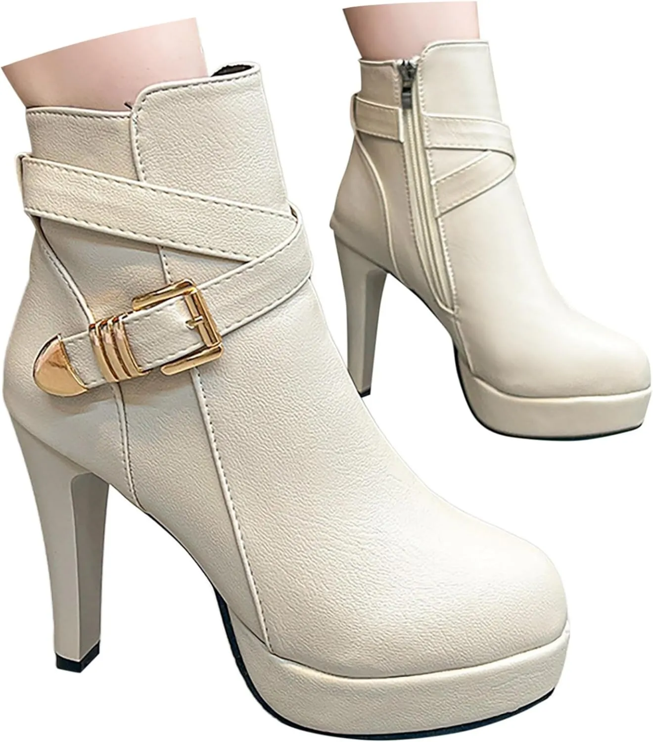 Crzidha Stiletto Ankle Boots for Ladies,Side Zipper Buckle Strap High Heel Ankle Boots Waterproof Leather Chunky Bottom Round Toe Elegant Wedding Party Formal Banquet Dress Pumps