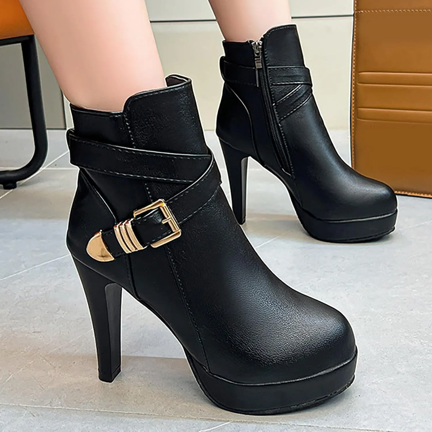 Crzidha Stiletto Ankle Boots for Ladies,Side Zipper Buckle Strap High Heel Ankle Boots Waterproof Leather Chunky Bottom Round Toe Elegant Wedding Party Formal Banquet Dress Pumps
