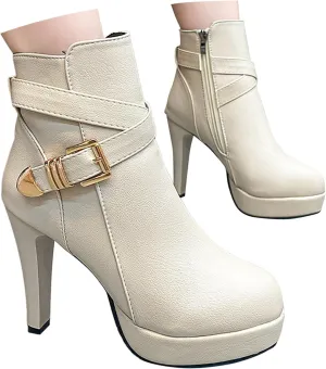 Crzidha Stiletto Ankle Boots for Ladies,Side Zipper Buckle Strap High Heel Ankle Boots Waterproof Leather Chunky Bottom Round Toe Elegant Wedding Party Formal Banquet Dress Pumps