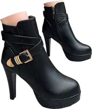Crzidha Stiletto Ankle Boots for Ladies,Side Zipper Buckle Strap High Heel Ankle Boots Waterproof Leather Chunky Bottom Round Toe Elegant Wedding Party Formal Banquet Dress Pumps