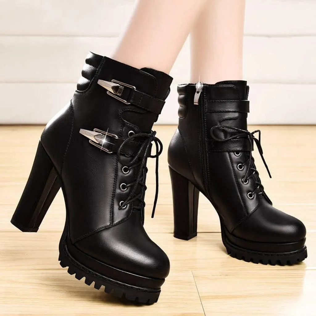 Crzidha Womens Chunky Bottom High Heel Ankle Boots,Classic Waterproof Black Leather Ankle Boots Vintage Lace Up Buckle Strap Side Zipper Banquet Dress Pumps Wedding Party Boots