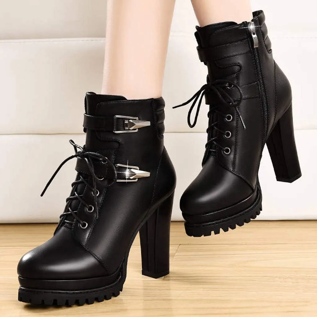 Crzidha Womens Chunky Bottom High Heel Ankle Boots,Classic Waterproof Black Leather Ankle Boots Vintage Lace Up Buckle Strap Side Zipper Banquet Dress Pumps Wedding Party Boots
