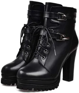 Crzidha Womens Chunky Bottom High Heel Ankle Boots,Classic Waterproof Black Leather Ankle Boots Vintage Lace Up Buckle Strap Side Zipper Banquet Dress Pumps Wedding Party Boots