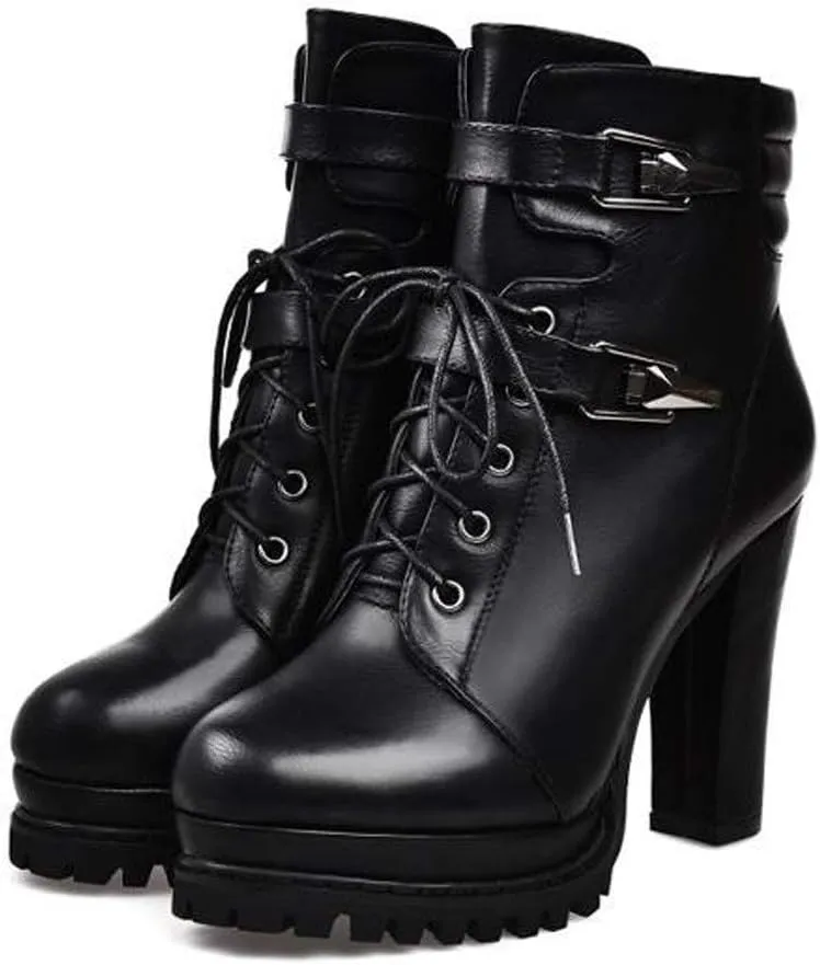 Crzidha Womens Chunky Bottom High Heel Ankle Boots,Classic Waterproof Black Leather Ankle Boots Vintage Lace Up Buckle Strap Side Zipper Banquet Dress Pumps Wedding Party Boots