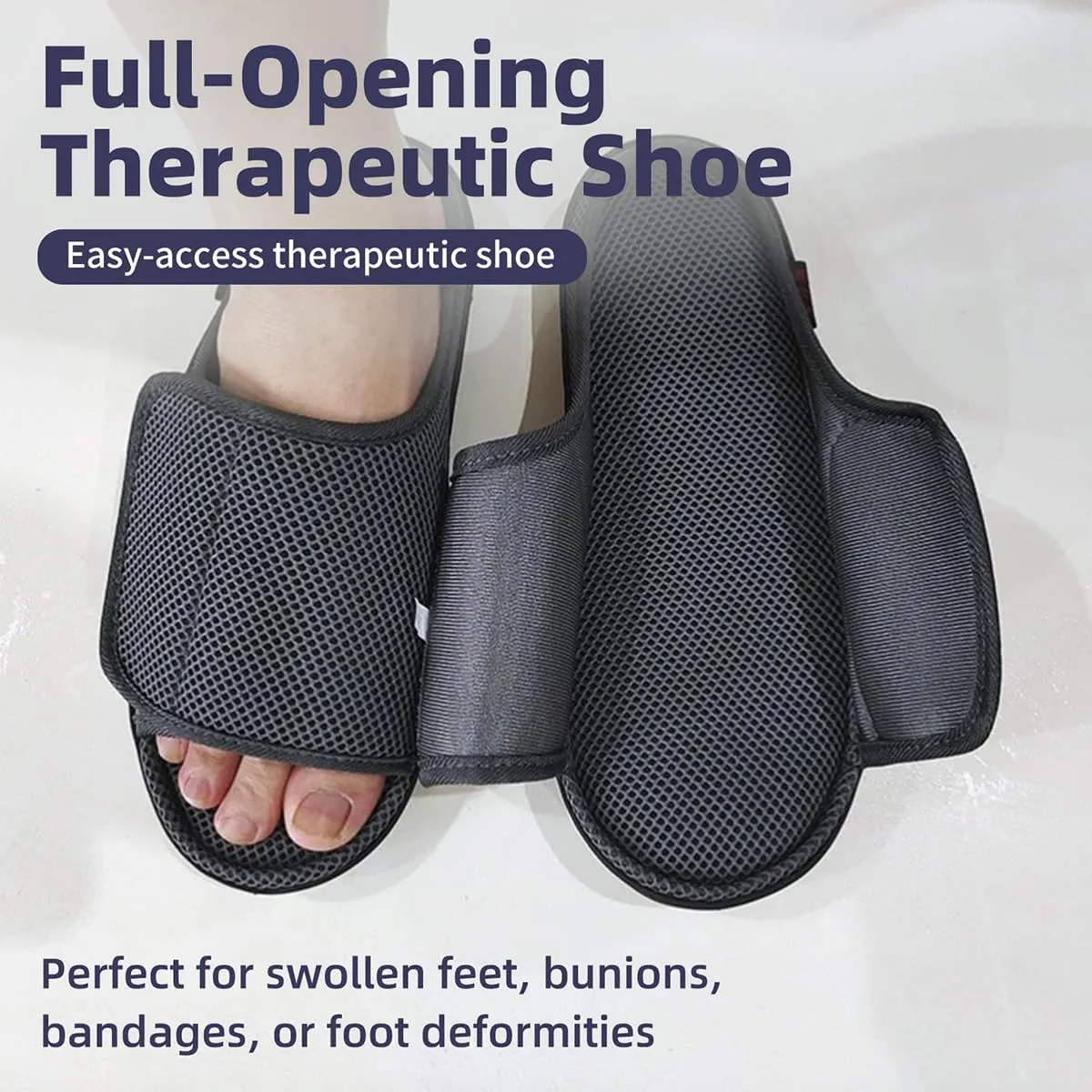 Diabetic Wide Width Slippers - Adjustable Breathable Non-Slip Indoor Outdoor Sole Unisex Men Women Open Toe Orthopedic Shoes for Swelling Bunions Injury Recovery (Men6.5-7/Women8-8.5,Gray)