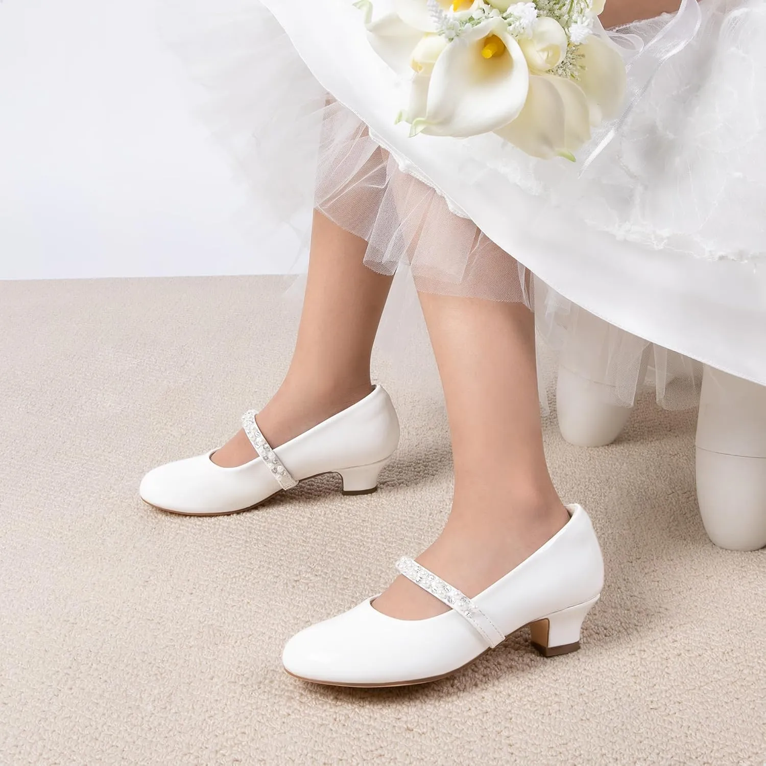 DREAM PAIRS Girls Dress Shoes Low Heels for Little Big Girl Mary Jane Shoes with Pearl Rhinestones Flower Girl Pumps Princess Wedding Party