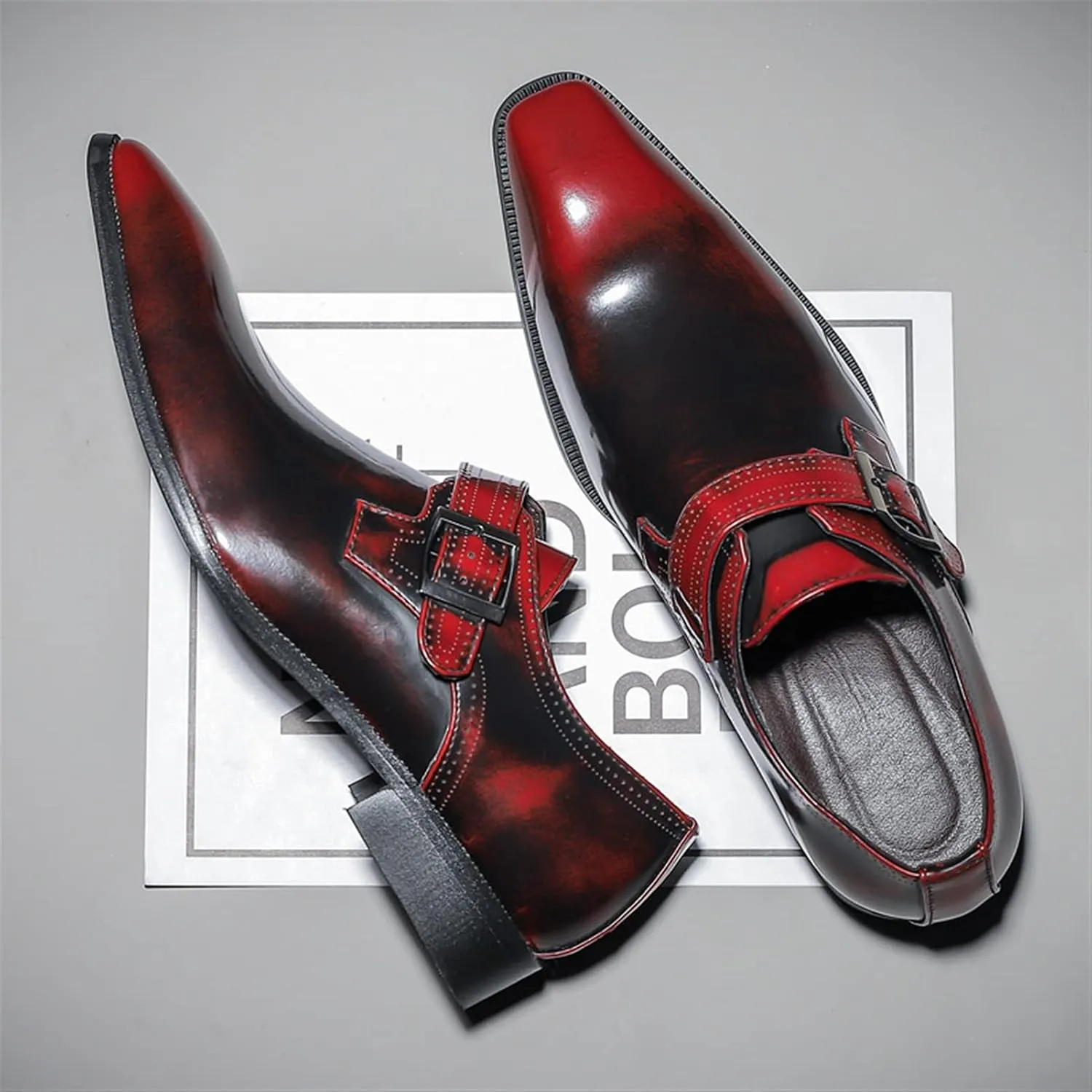 Dress Oxford Shoes for Men Slip On Monk Strap Squre Toe Vegan Leather Rubber Sole Block Heel Slip Resistant Casual