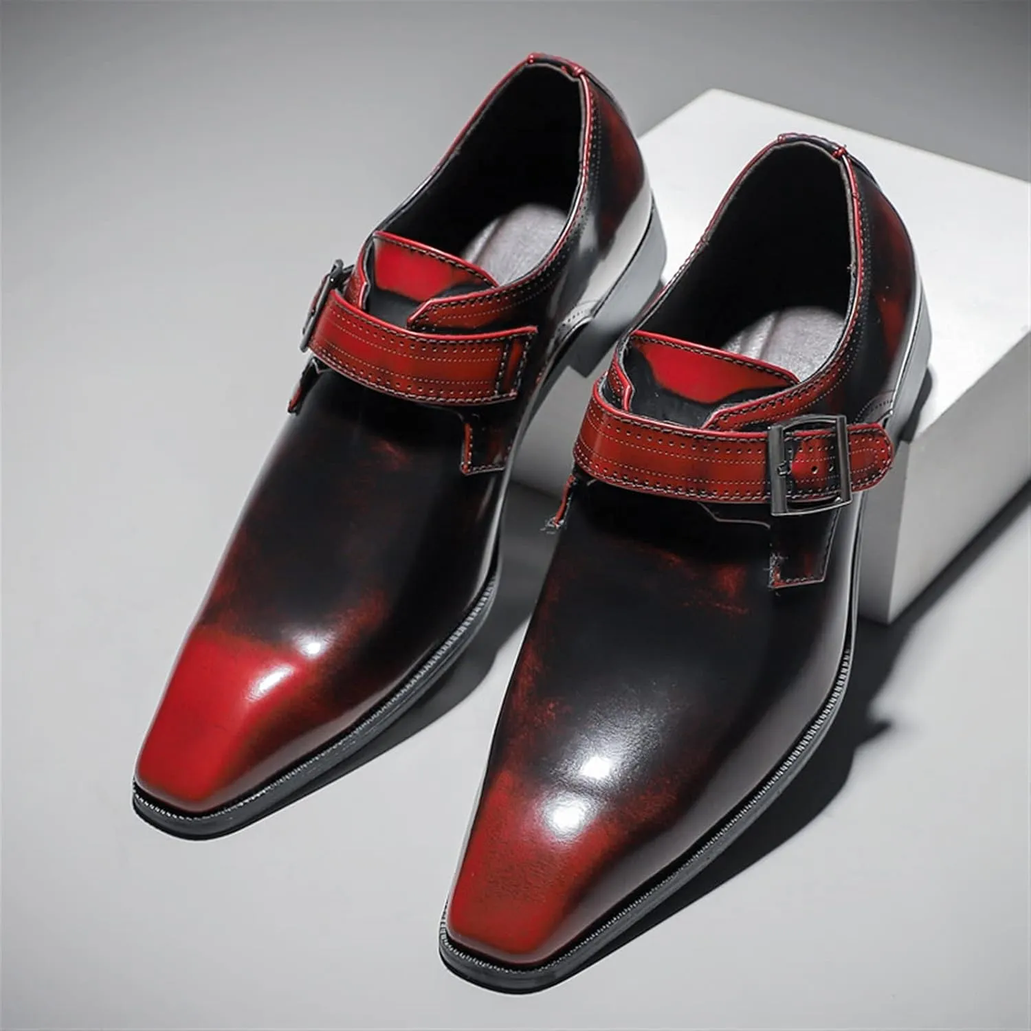 Dress Oxford Shoes for Men Slip On Monk Strap Squre Toe Vegan Leather Rubber Sole Block Heel Slip Resistant Casual