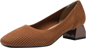 EFTCAL Women's Knit Chunky Heel Pumps Square Closed Toe Comfort Slip On Backless Low Block Heels Outdoor Casual Work Wedding Party Dress Shoes