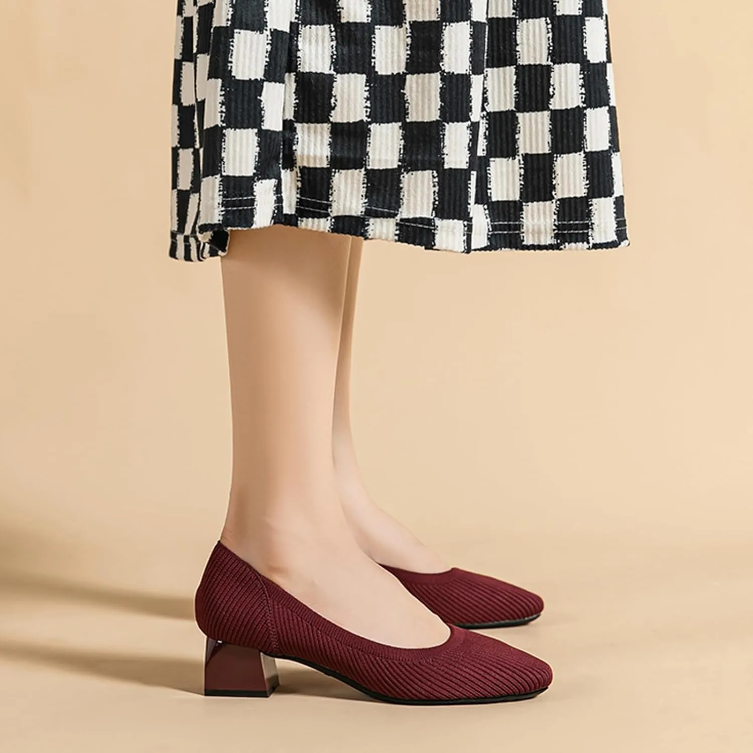 EFTCAL Women's Knit Chunky Heel Pumps Square Closed Toe Comfort Slip On Backless Low Block Heels Outdoor Casual Work Wedding Party Dress Shoes