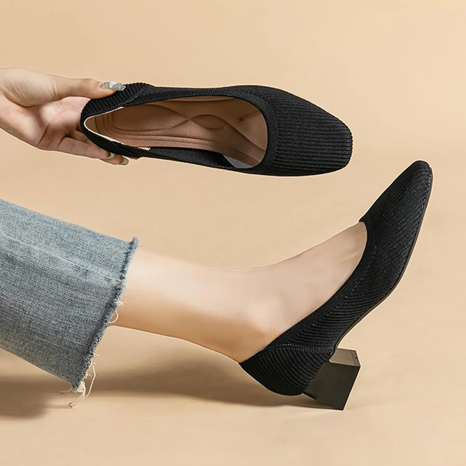 EFTCAL Women's Knit Chunky Heel Pumps Square Closed Toe Comfort Slip On Backless Low Block Heels Outdoor Casual Work Wedding Party Dress Shoes
