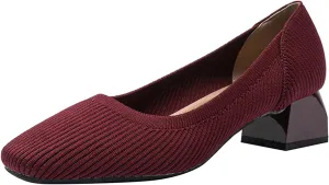 EFTCAL Women's Knit Chunky Heel Pumps Square Closed Toe Comfort Slip On Backless Low Block Heels Outdoor Casual Work Wedding Party Dress Shoes